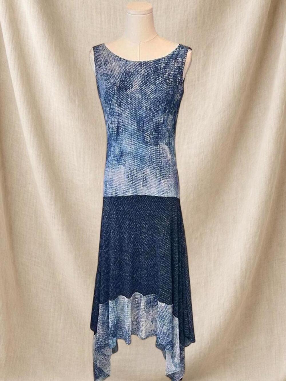 Asymmetrical Blue Midi Dress with abstract print